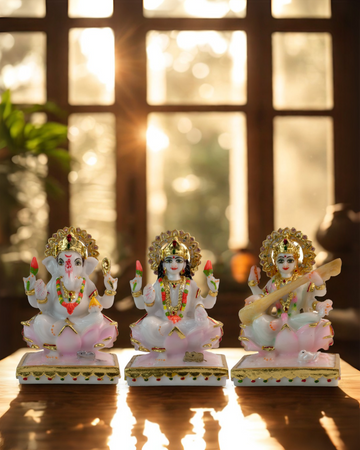 Maa Lakshmi, Ganesha, and Maa Saraswati - Sitting on Lotus