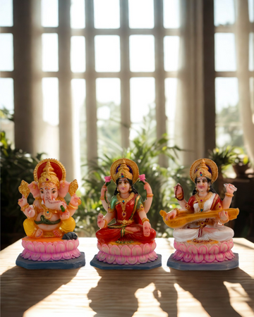 Maa Lakshmi, Ganesha, and Maa Saraswati - Sitting on Lotus