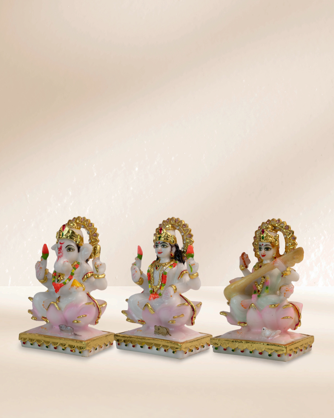 Maa Lakshmi, Ganesha, and Maa Saraswati - Sitting on Lotus