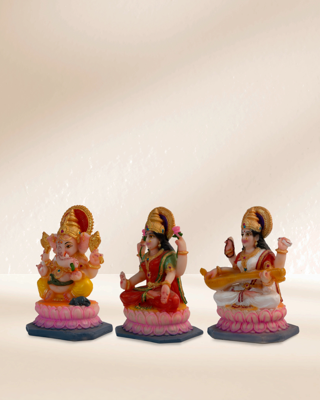 Maa Lakshmi, Ganesha, and Maa Saraswati - Sitting on Lotus